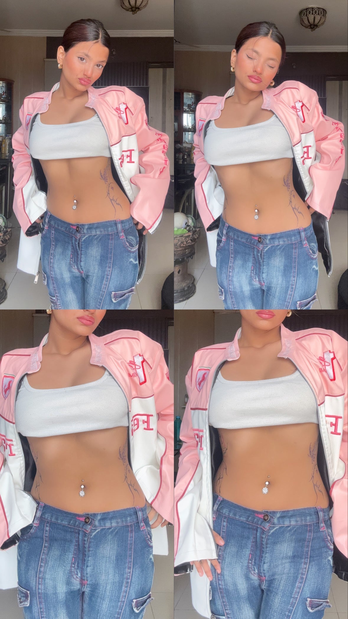 Faux Leather Ferrari Racing Jacket – Pink & White Motorsports Streetwear