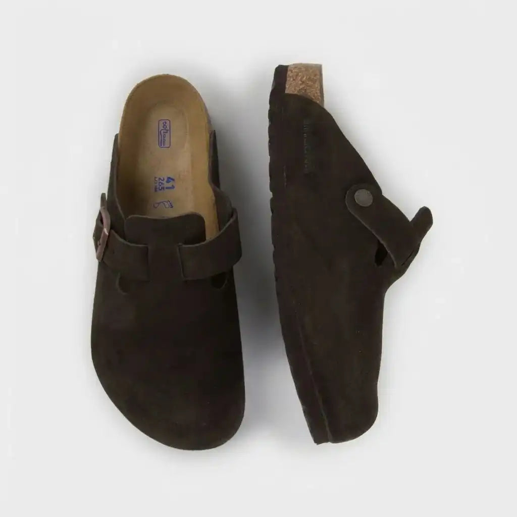 BIRKENSTOCK BOSTON SUEDE SOFT FOOTBED CLOG - TAUPE