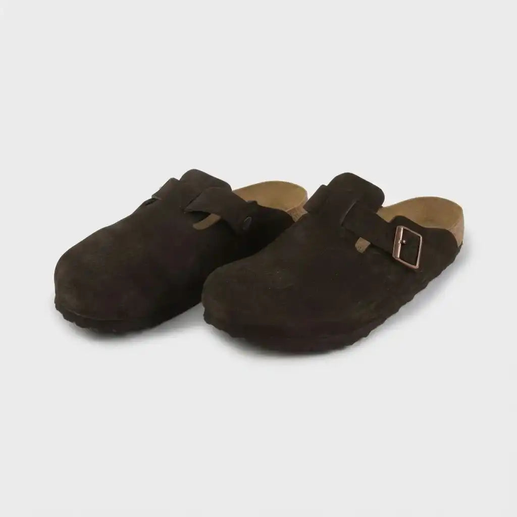 BIRKENSTOCK BOSTON SUEDE SOFT FOOTBED CLOG - TAUPE