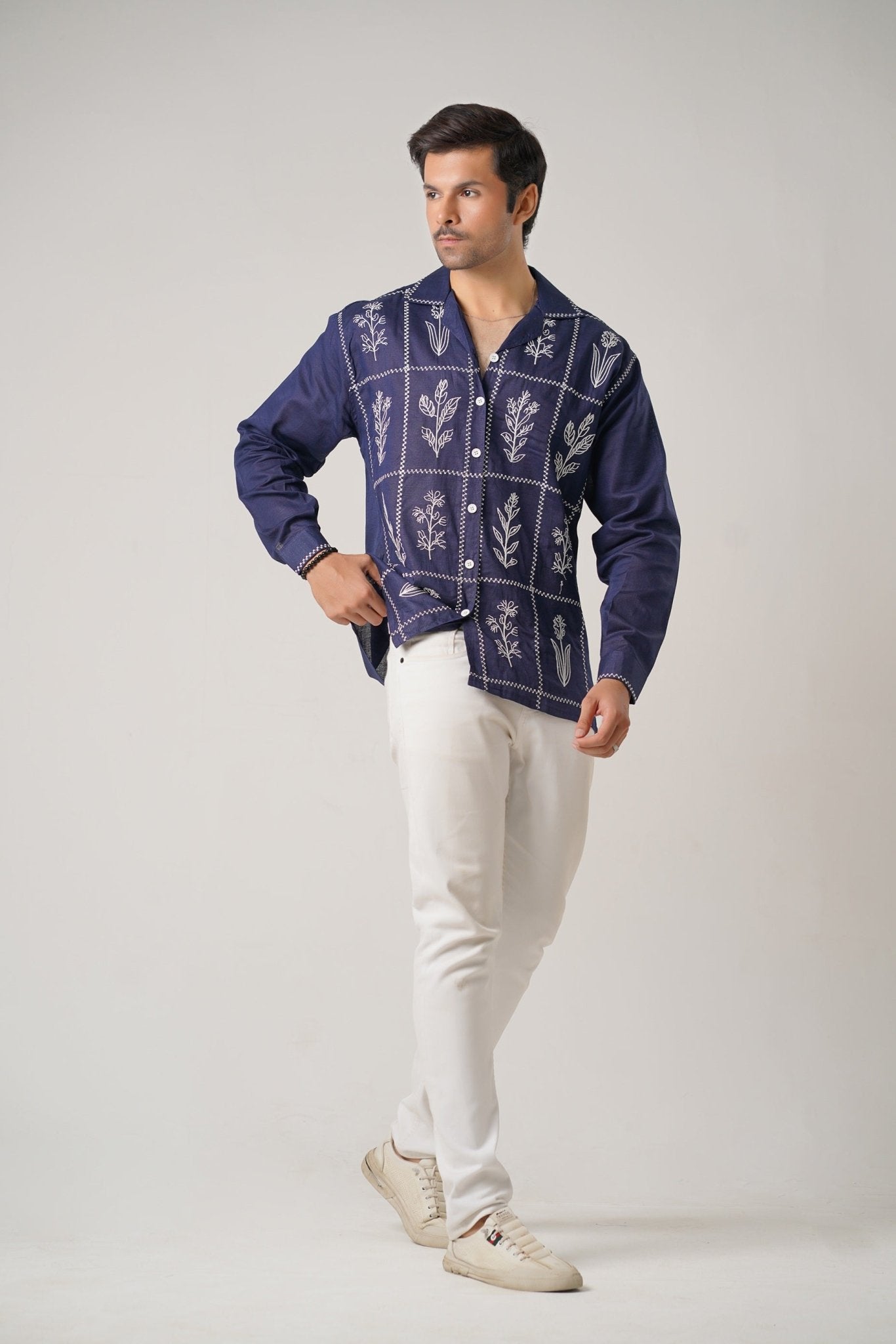 Embroidered Navy Full Sleeves Unisex Shirt – Koti Apparels