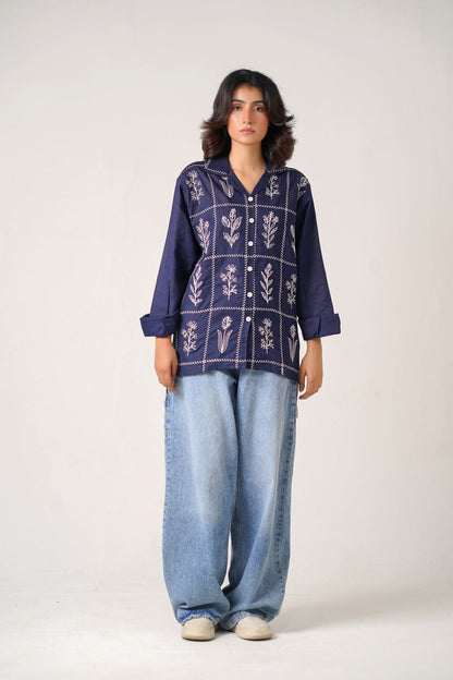 Embroidered Navy Full Sleeves Unisex Shirt – Koti Apparels