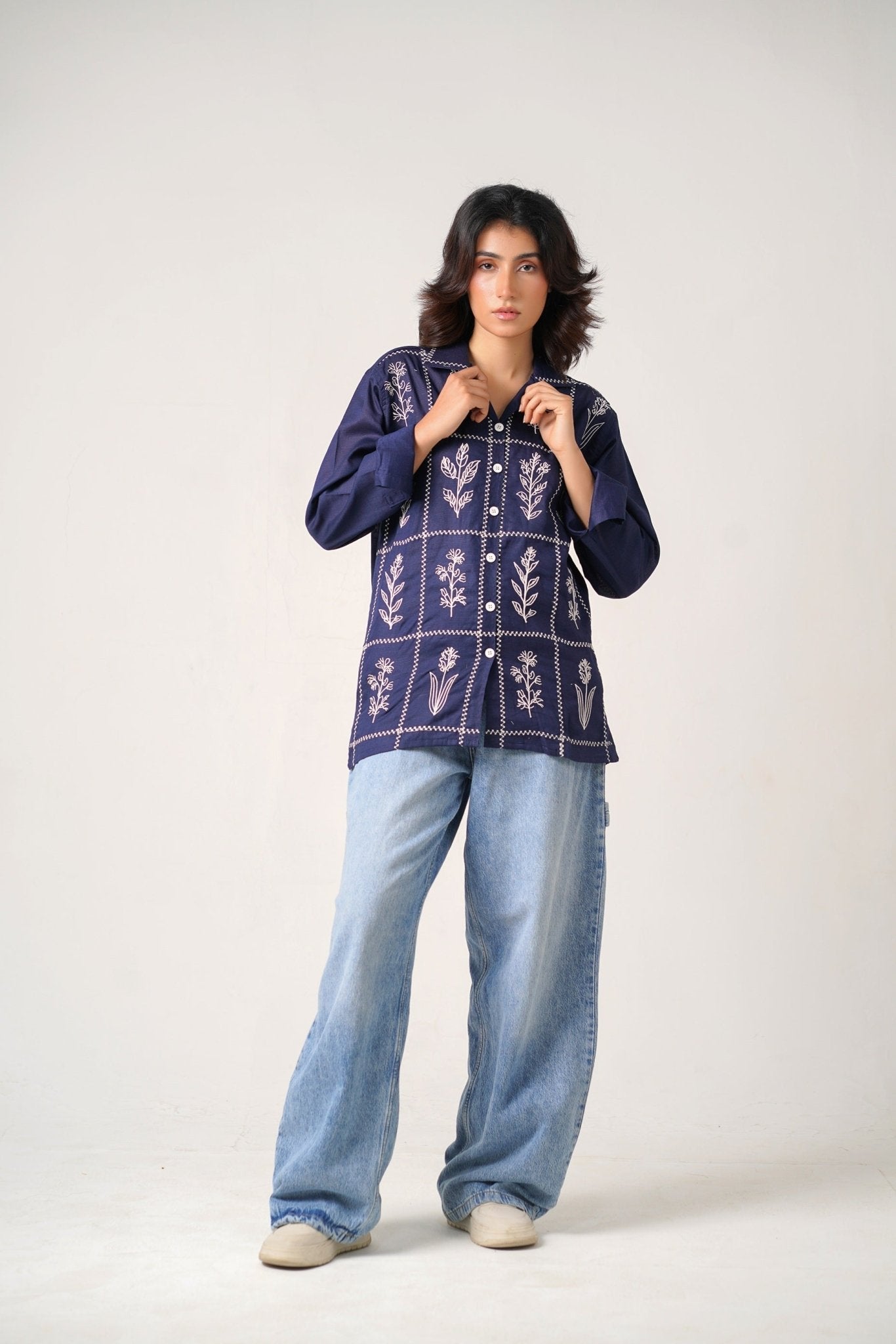 Embroidered Navy Full Sleeves Unisex Shirt – Koti Apparels