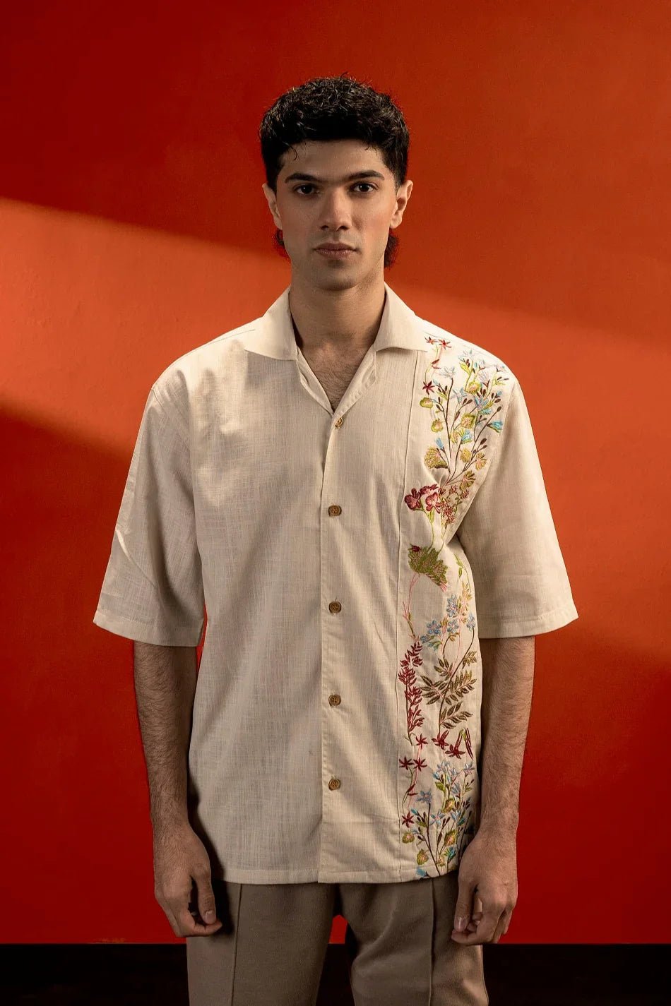 Embroidered Down Shoulder Shirt - Unisex