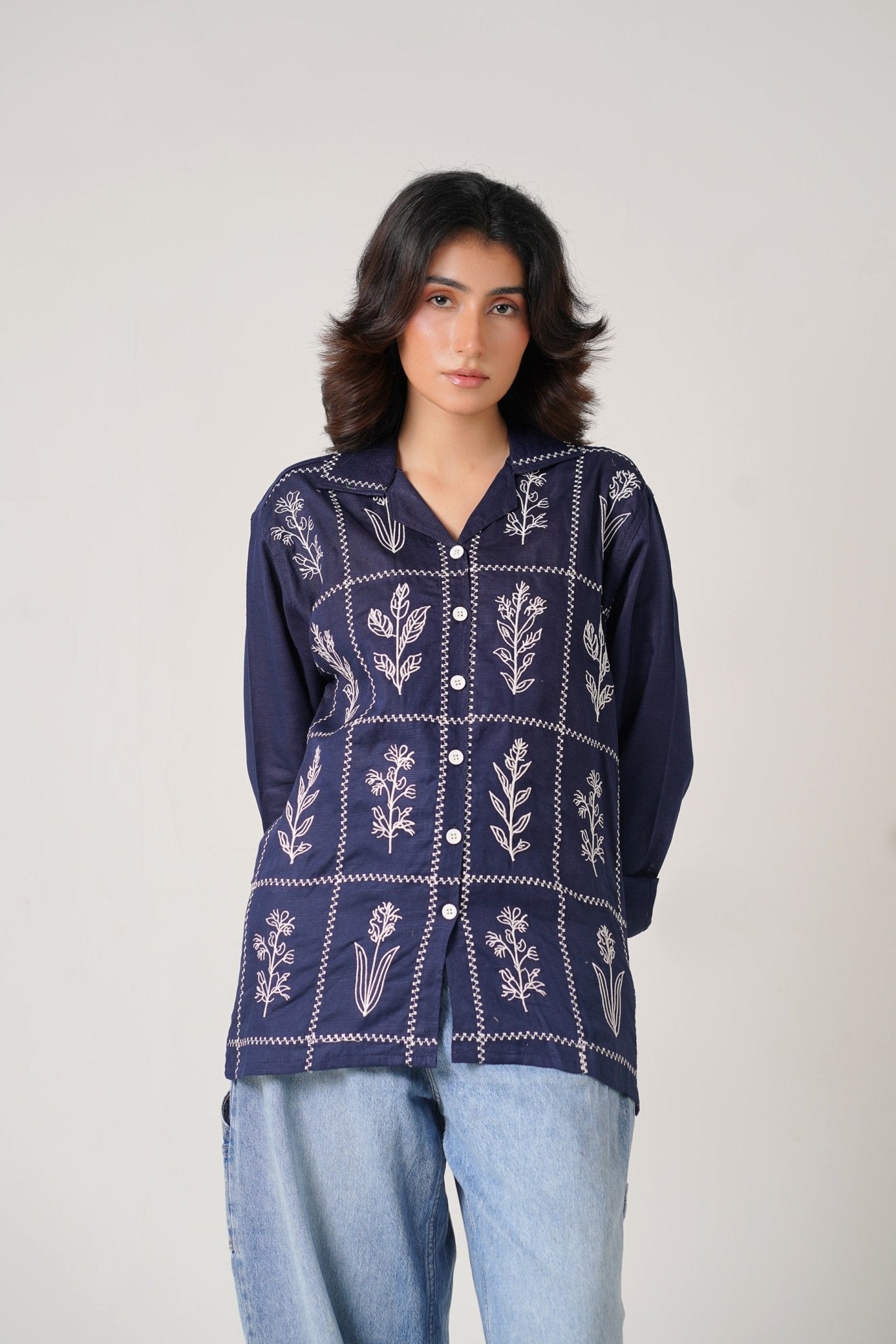 Embroidered Navy Full Sleeves Unisex Shirt – Koti Apparels