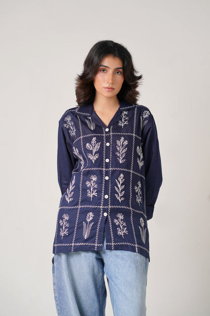 Embroidered Navy Full Sleeves Unisex Shirt – Koti Apparels
