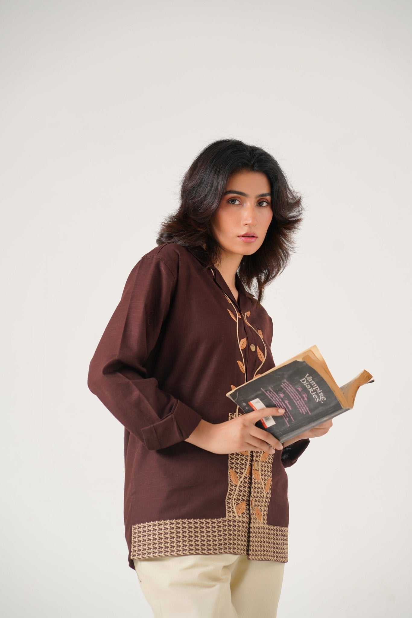 Embroidered Brown Full Sleeves Unisex Shirt – Koti Apparels