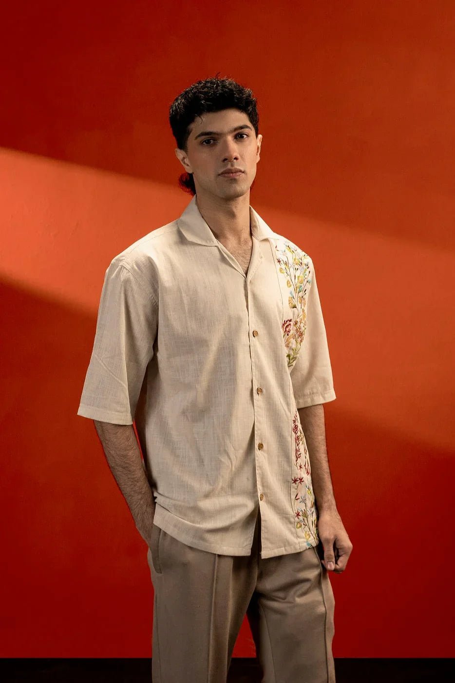 Embroidered Down Shoulder Shirt - Unisex