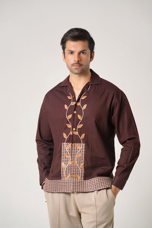 Embroidered Brown Full Sleeves Unisex Shirt – Koti Apparels