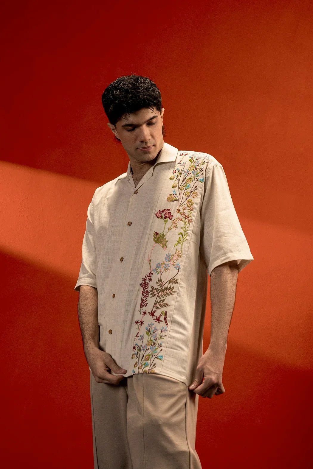 Embroidered Down Shoulder Shirt - Unisex