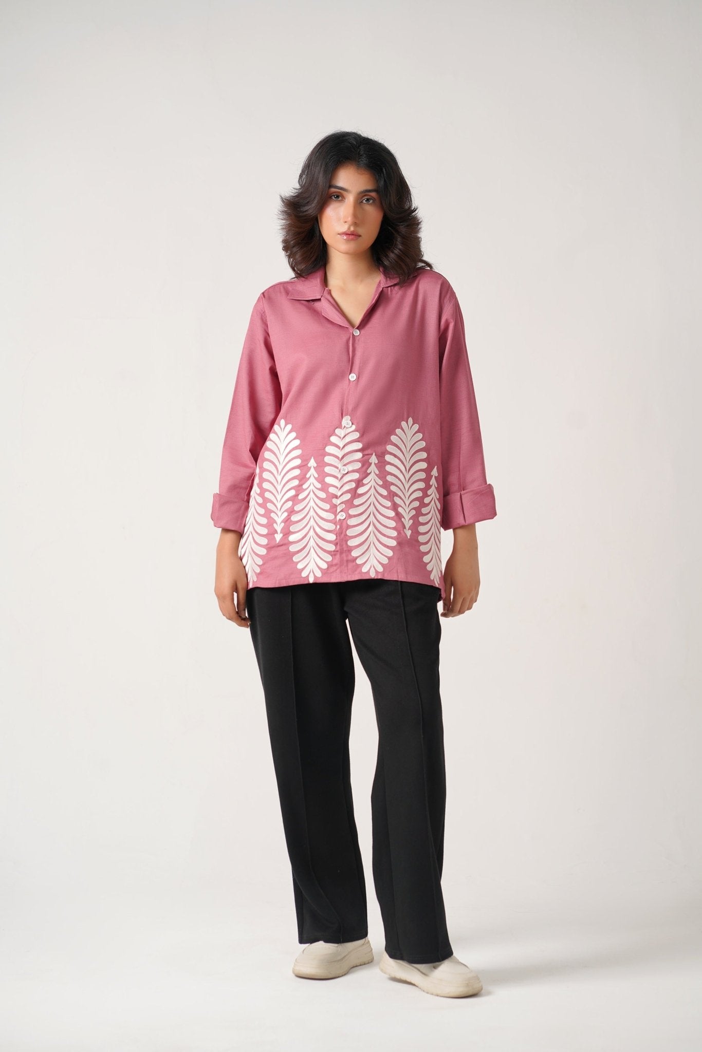 Embroidered Full Sleeves Rose Pink Unisex Shirt – Koti Apparels