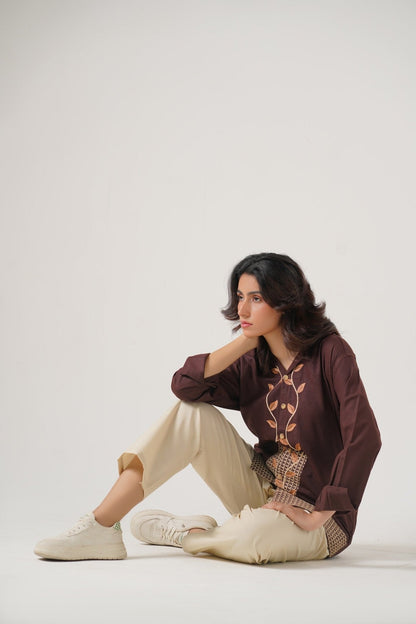 Embroidered Brown Full Sleeves Unisex Shirt – Koti Apparels