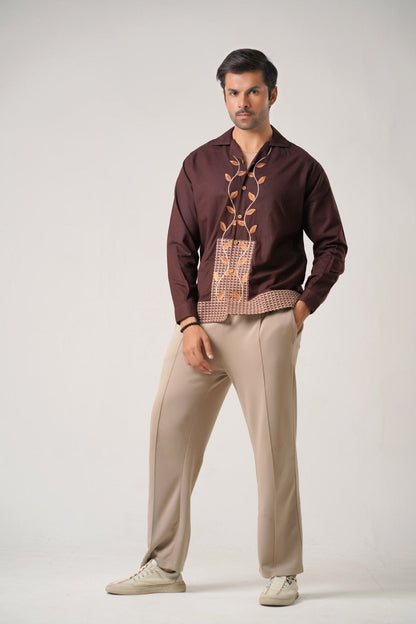 Embroidered Brown Full Sleeves Unisex Shirt – Koti Apparels
