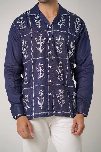 Embroidered Navy Full Sleeves Unisex Shirt – Koti Apparels