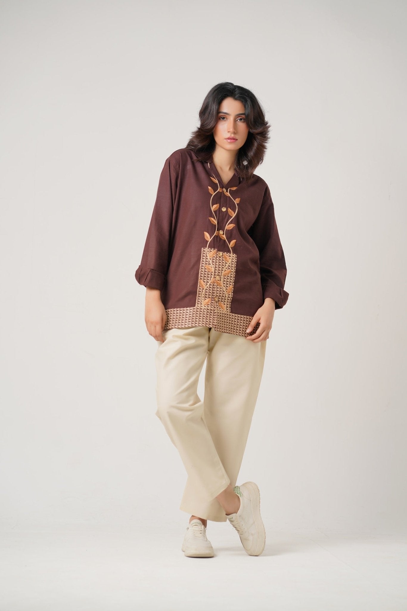 Embroidered Brown Full Sleeves Unisex Shirt – Koti Apparels