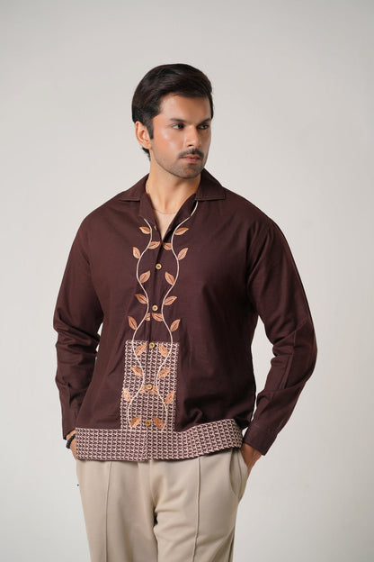 Embroidered Brown Full Sleeves Unisex Shirt – Koti Apparels