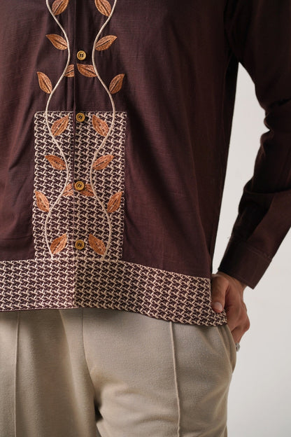 Embroidered Brown Full Sleeves Unisex Shirt – Koti Apparels