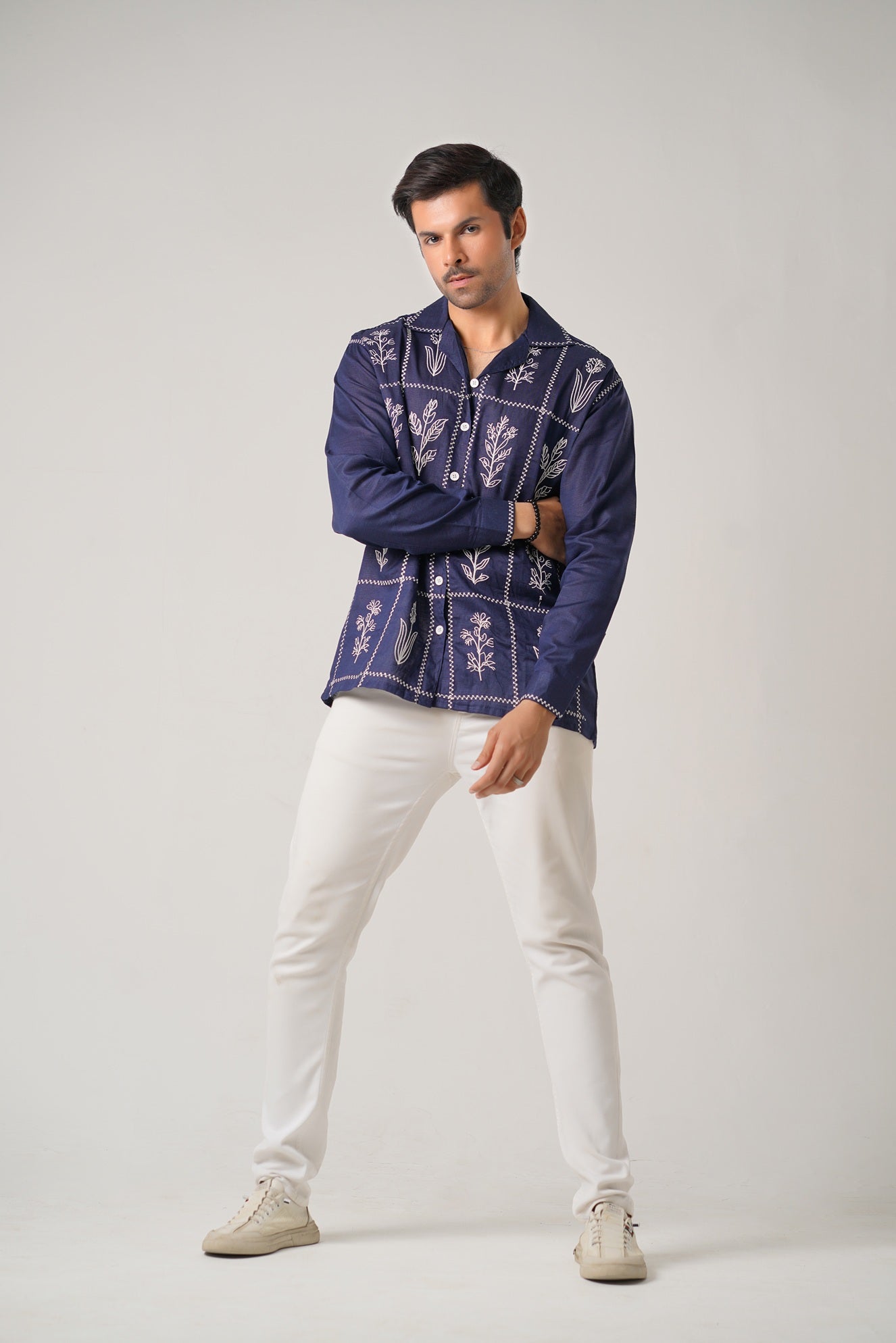 Embroidered Navy Full Sleeves Unisex Shirt – Koti Apparels