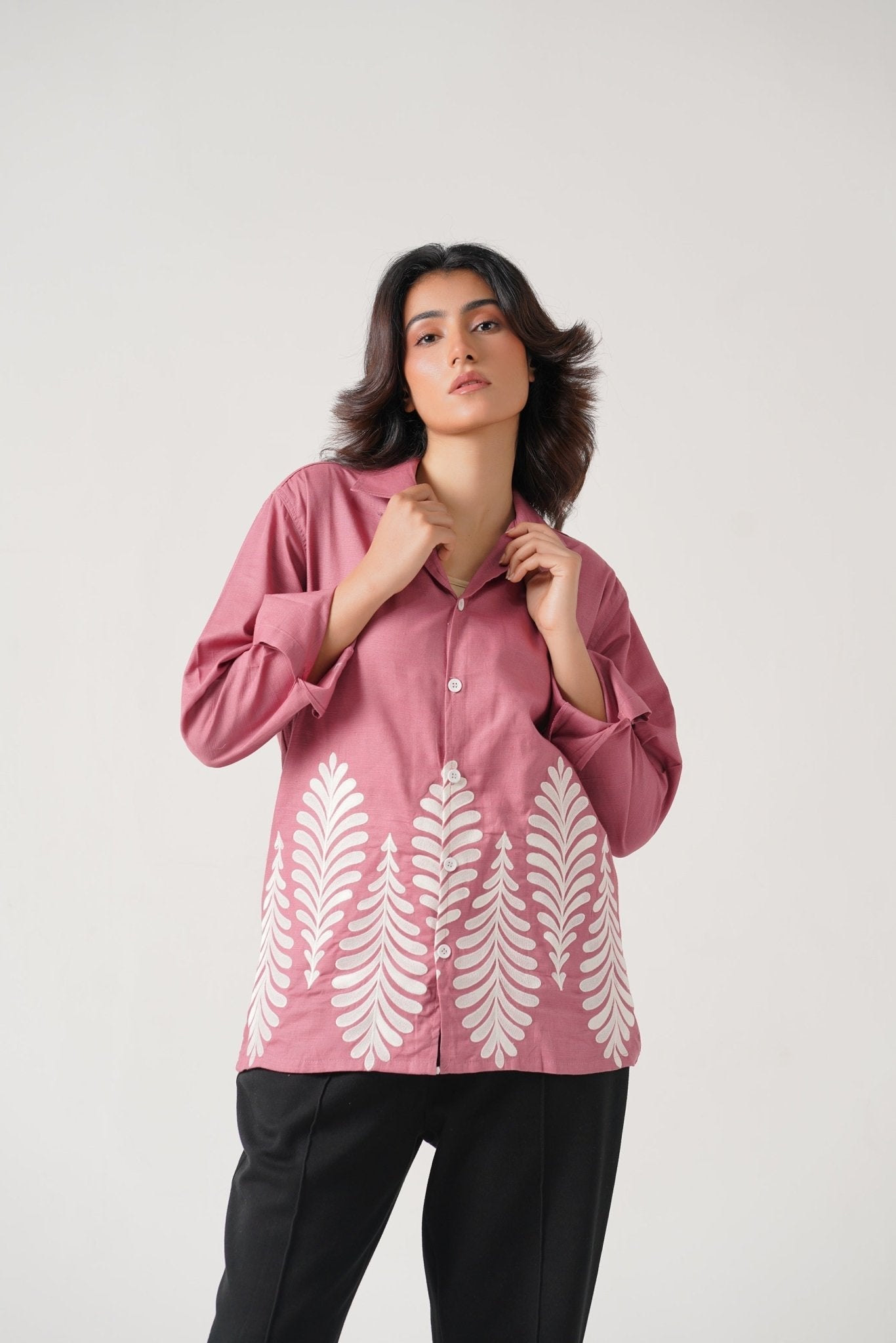 Embroidered Full Sleeves Rose Pink Unisex Shirt – Koti Apparels