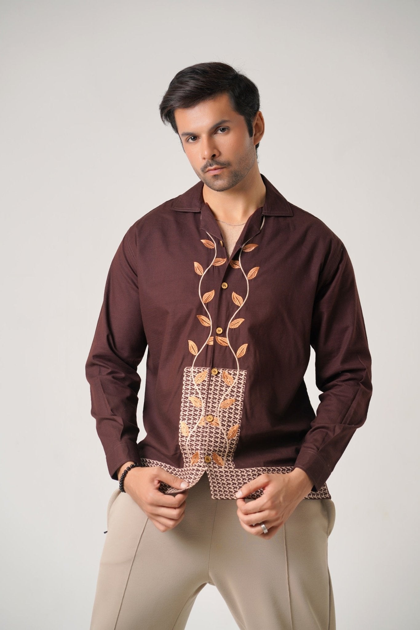 Embroidered Brown Full Sleeves Unisex Shirt – Koti Apparels