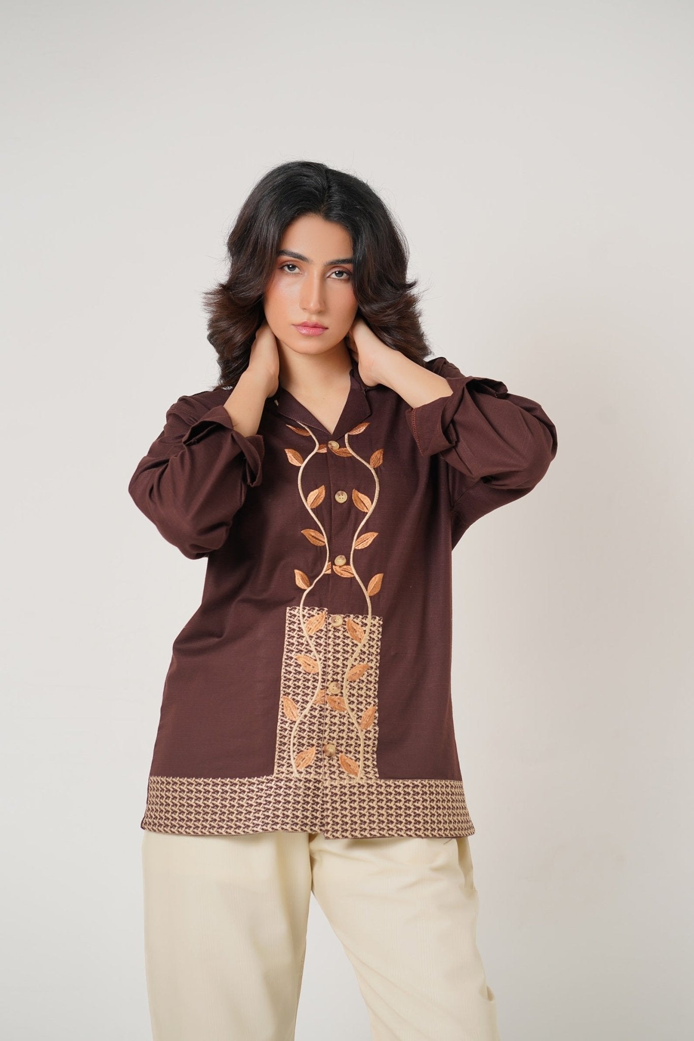 Embroidered Brown Full Sleeves Unisex Shirt – Koti Apparels