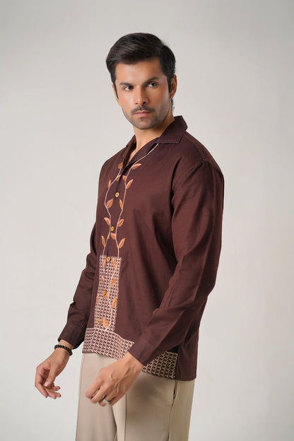 Embroidered Brown Full Sleeves Unisex Shirt – Koti Apparels