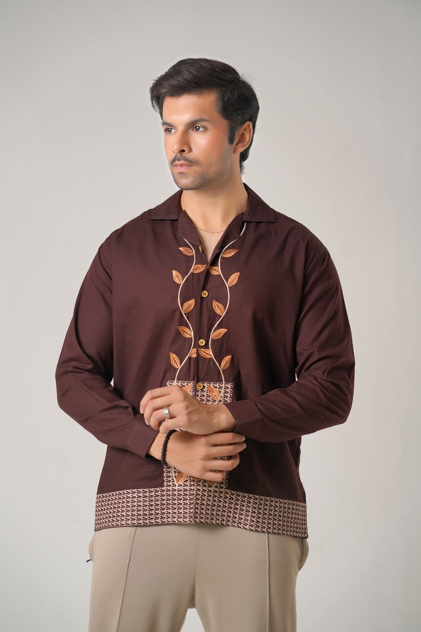 Embroidered Brown Full Sleeves Unisex Shirt – Koti Apparels