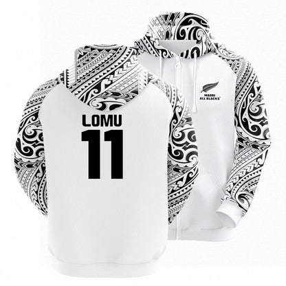 All Blacks Maori White Zipper Hoodie and Pants Personalised