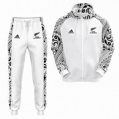 All Blacks Maori White Zipper Hoodie and Pants Personalised